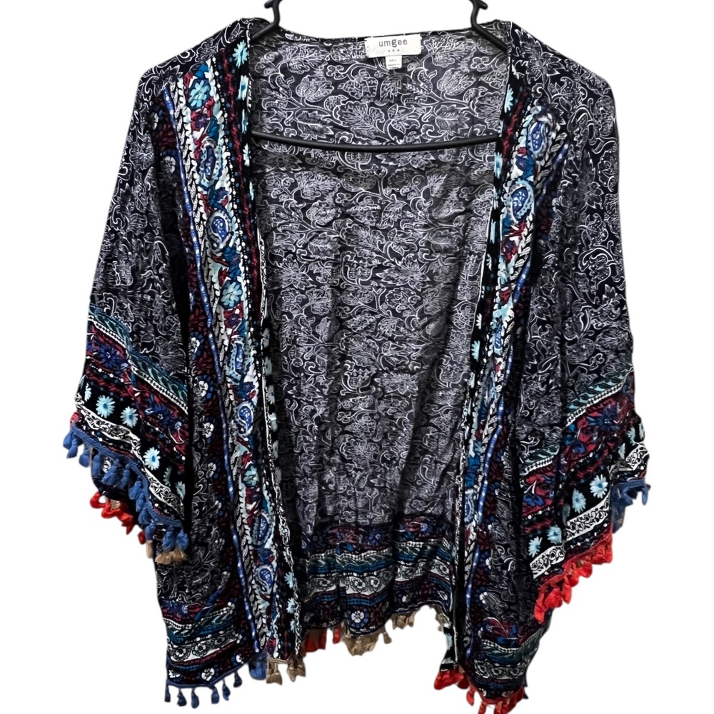 Umgee USA Floral‎ Paisley Tassel Open Front Cardigan Coverup Bohemian Size M/L